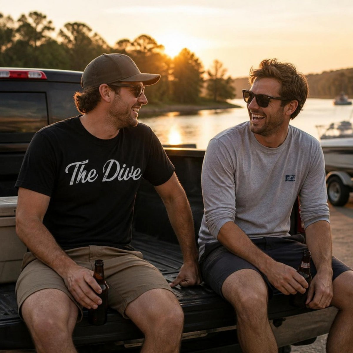 Friends on a tailgate, one in The Dive t-shirt