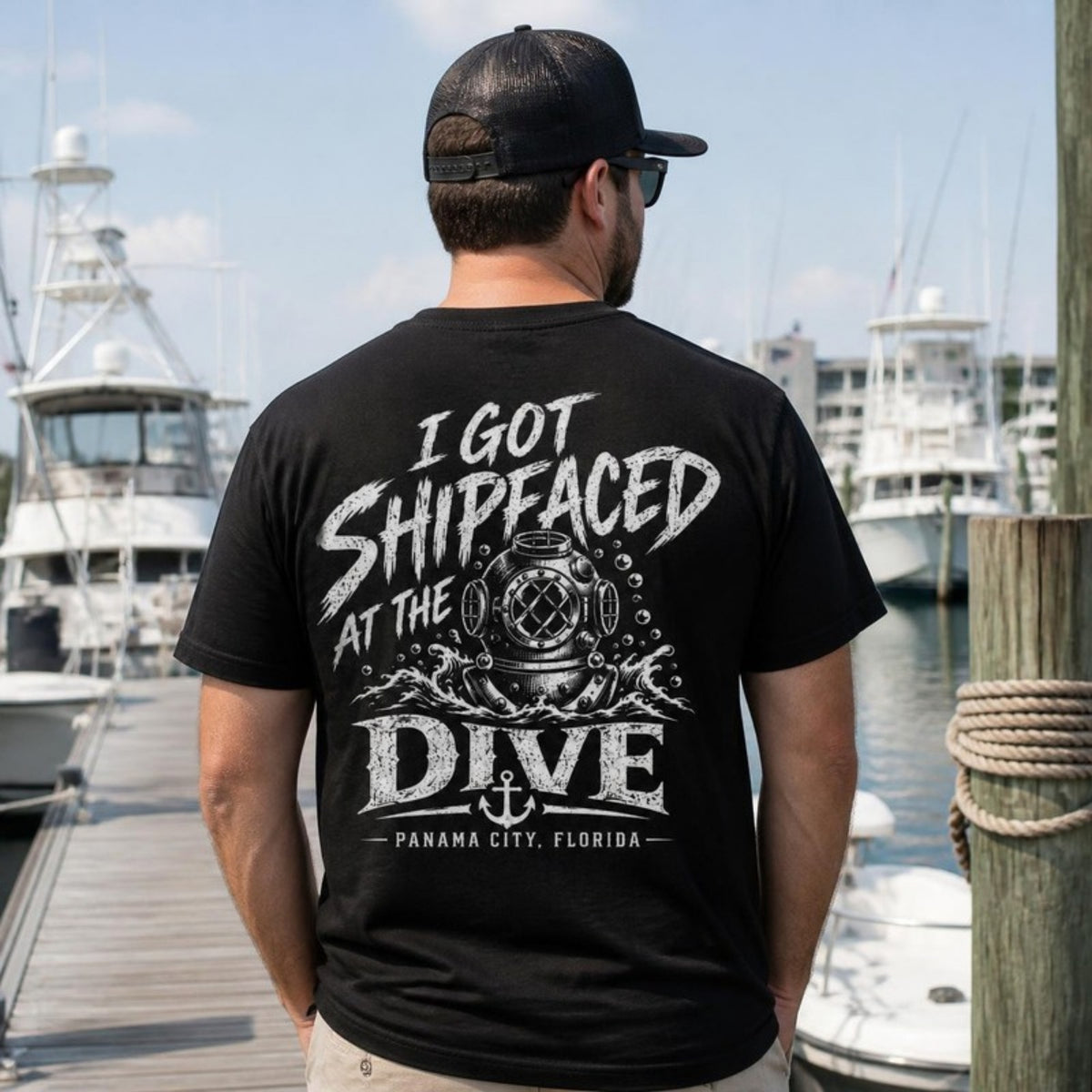 Shipfaced t-shirt back print on a marina dock