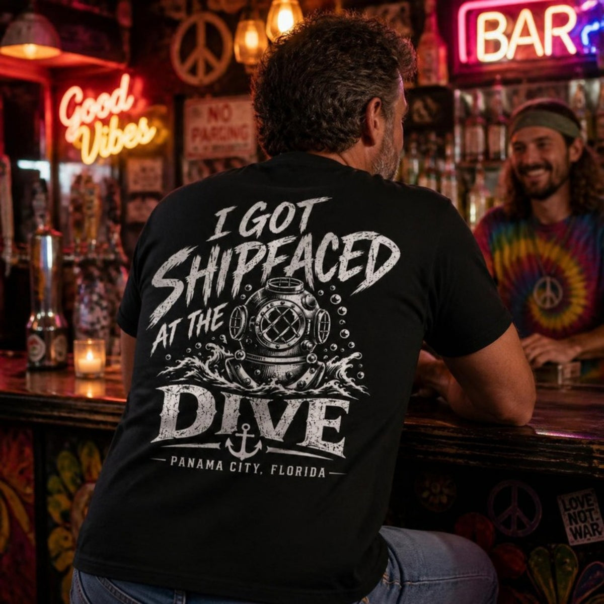 Shipfaced t-shirt at a dive bar counter