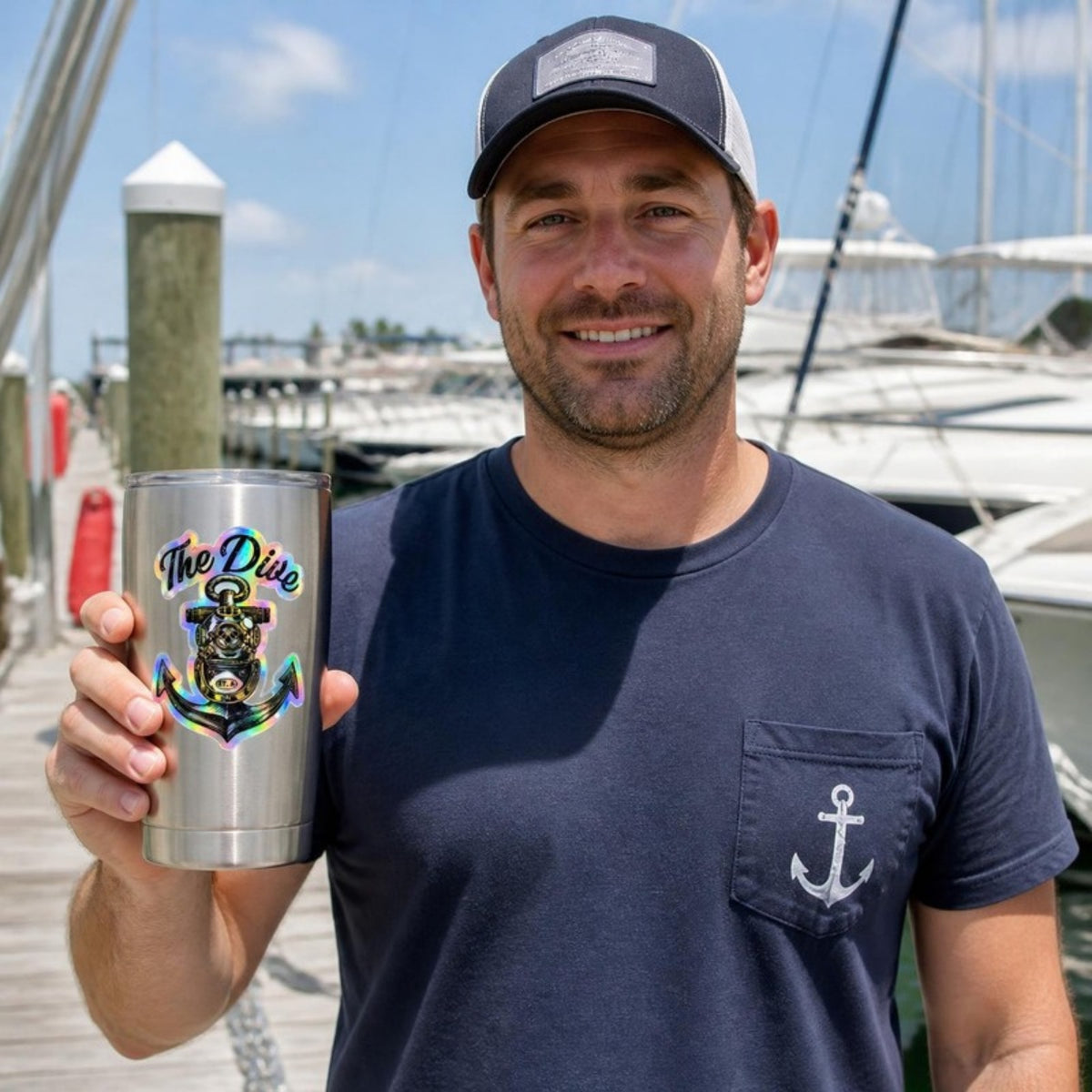 The Dive holographic sticker on a tumbler at the marina
