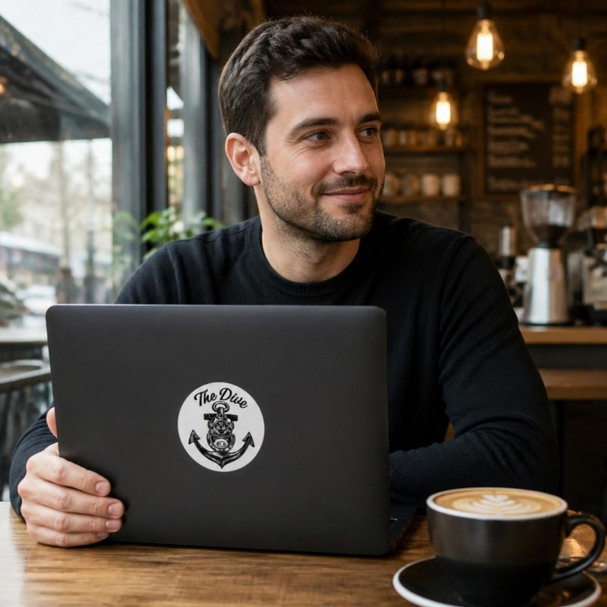 The Dive round sticker on a laptop
