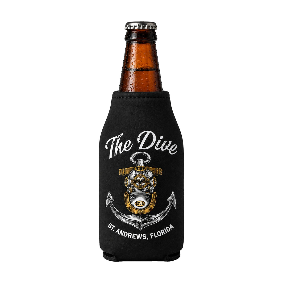 The Dive bottle koozie back with diving helmet and anchor logo, St. Andrews, Florida
