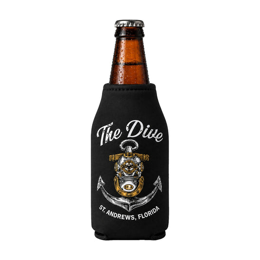 The Dive bottle koozie back with diving helmet and anchor logo, St. Andrews, Florida