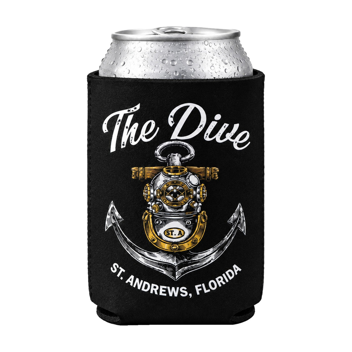 Black The Dive can koozie with diving helmet and anchor logo, St. Andrews, Florida