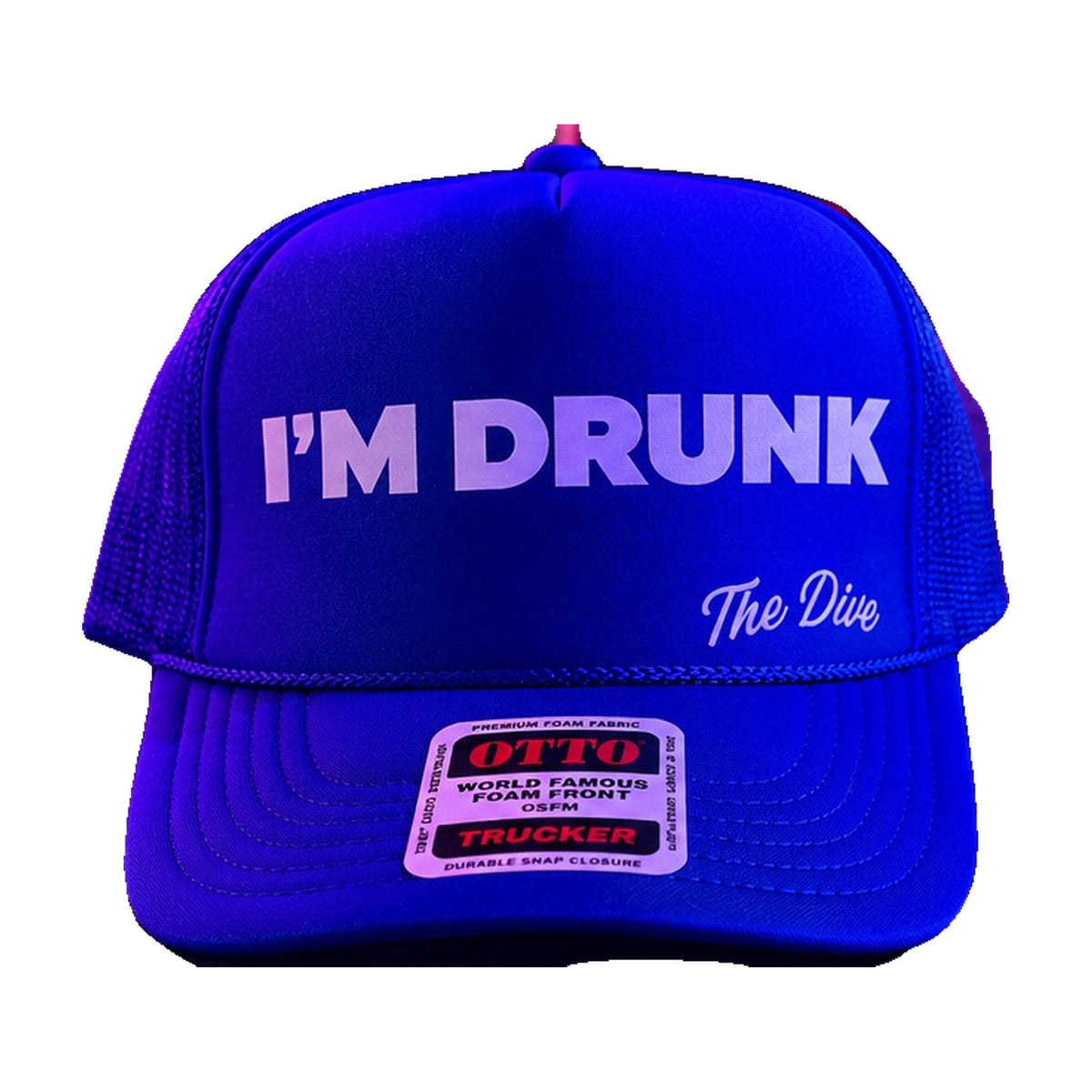 I'm Drunk trucker hat in blue, front
