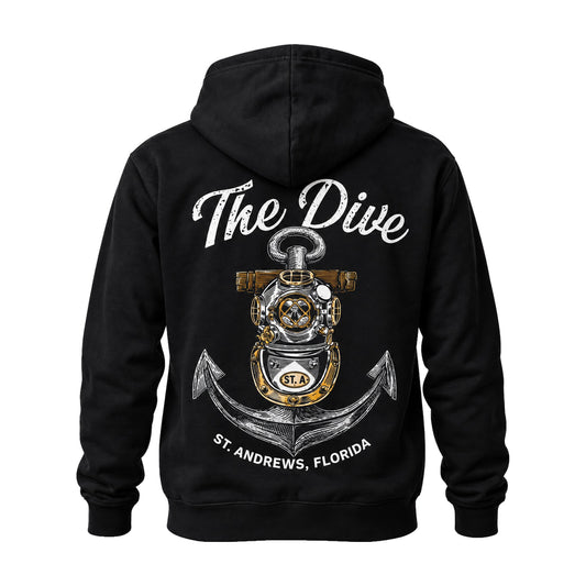 The Dive hoodie back: diving helmet and anchor logo, St. Andrews, Florida