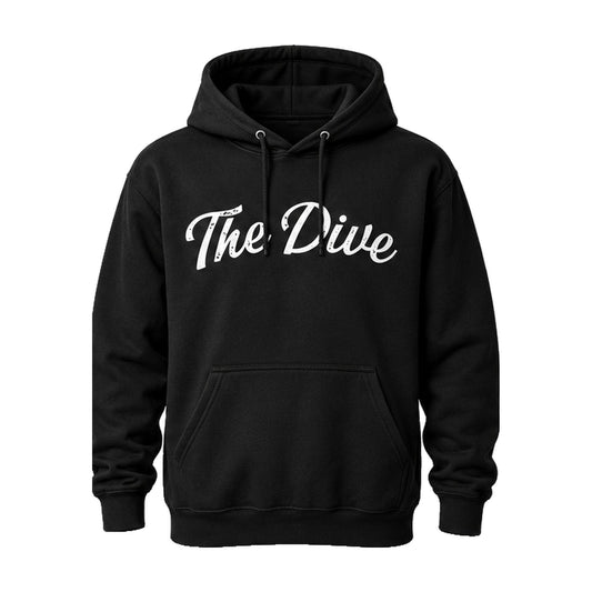 The Dive hoodie front with script logo