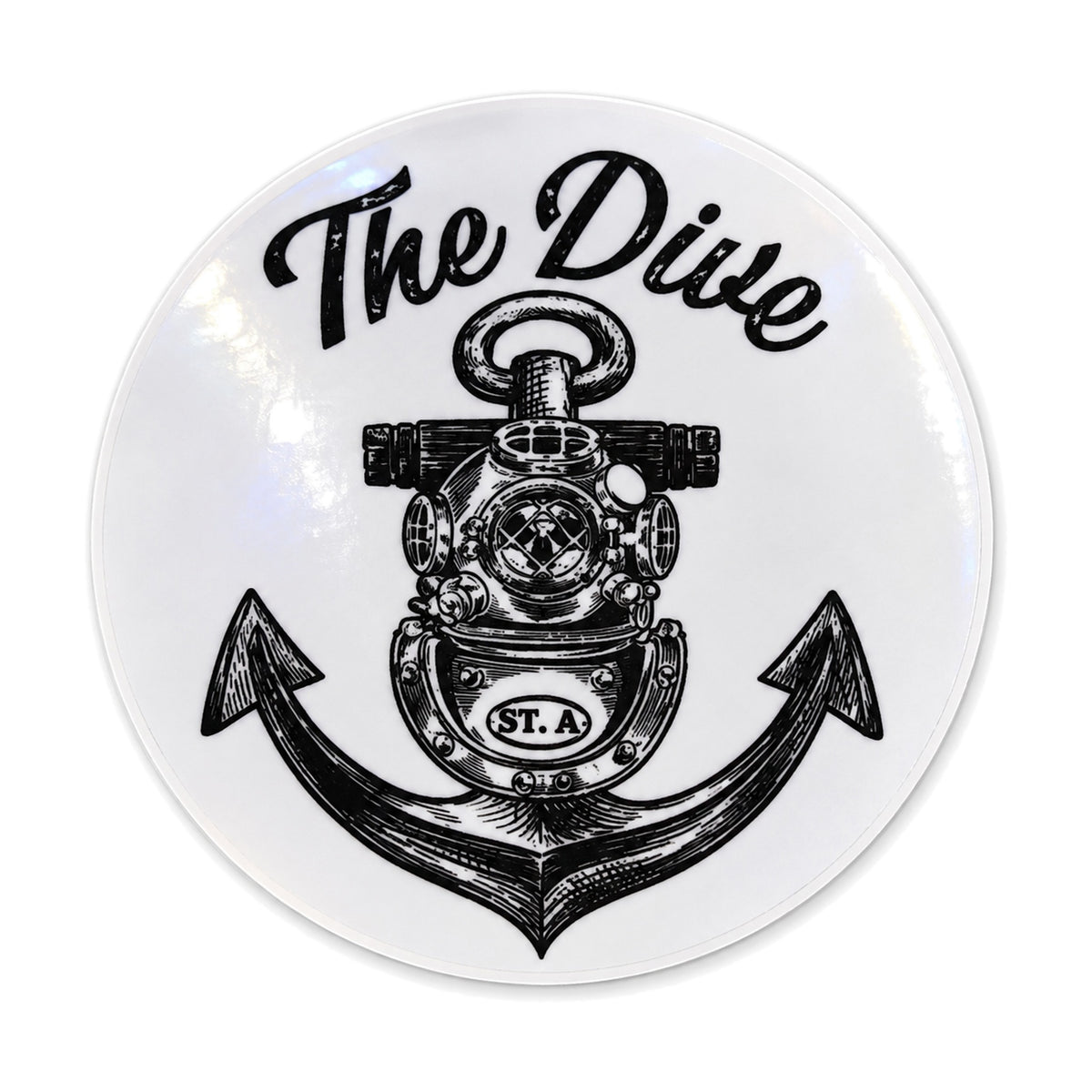The Dive round white sticker with diving helmet and anchor